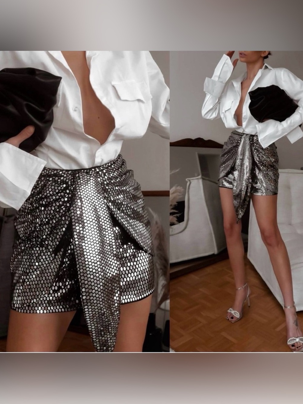 Zara Blogger Favorite Metallic Silver Disco ball Sequin wrap Mini Skirt
